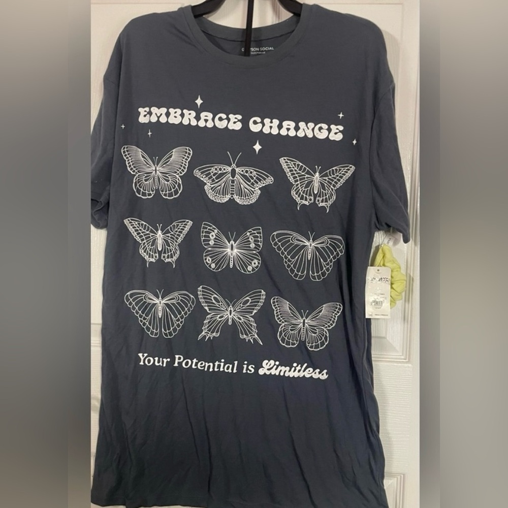 Grayson Social Butterfly Graphic Sleep Tee w/ Hair Tie NWT Size Small Gray Shirt